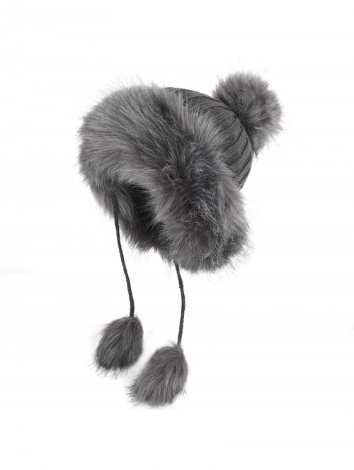 Bomber Hats Women Winter Hat Knitted Faux Fur Beanie Bonnet Furry Ear Bomber Trapper Hat - Grey - CA18L89SU2E $13.54