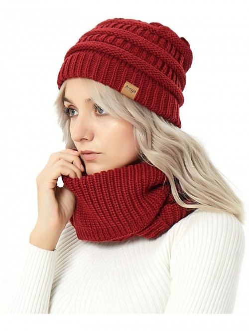 Skullies & Beanies Winter Cable Knit Beanie Hat and Infinity Scarf Set-Men&Women Warm Skull Cap - Flame Red(beanie&scarf Set)...