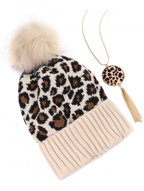 Skullies & Beanies Knit Beanie Hats Slouchy Skull Cap Pompoms Beanie Hat with Leopard Long Necklace - Leopard Dark - CI18ATXZ...