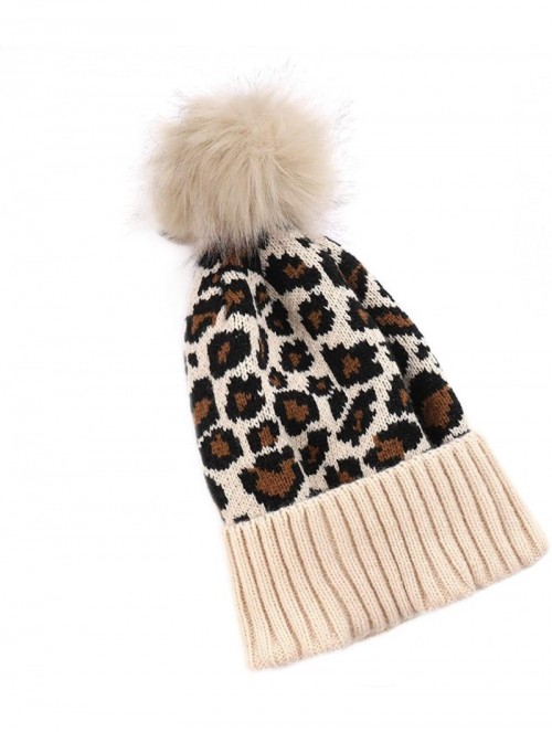 Skullies & Beanies Knit Beanie Hats Slouchy Skull Cap Pompoms Beanie Hat with Leopard Long Necklace - Leopard Dark - CI18ATXZ...