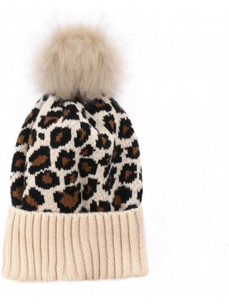 Skullies & Beanies Knit Beanie Hats Slouchy Skull Cap Pompoms Beanie Hat with Leopard Long Necklace - Leopard Dark - CI18ATXZ...