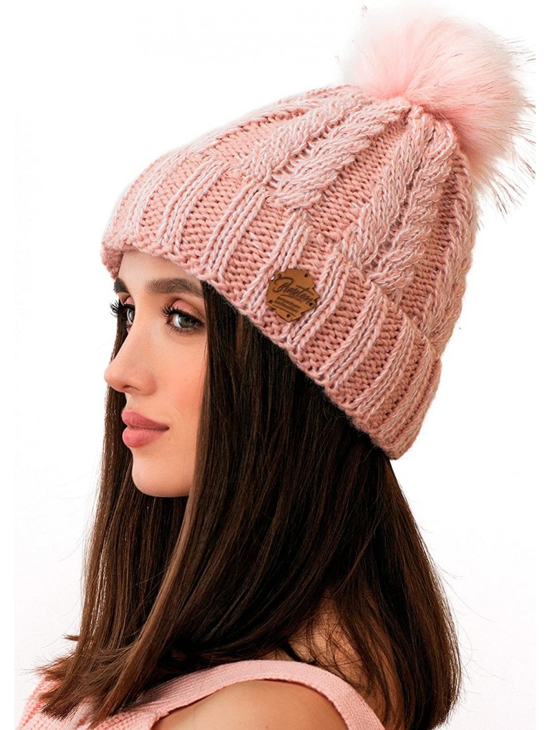 Skullies & Beanies Knit Hat for Women - Pom Cable Winter Warm Fleece Beanie - Wool Snow Cuff Outdoor Ski Cap - Pink - CY18G26...