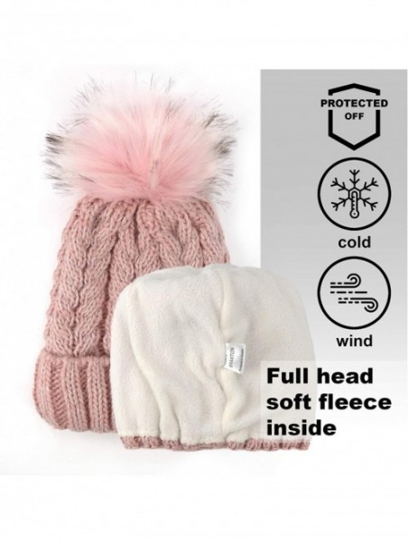 Skullies & Beanies Knit Hat for Women - Pom Cable Winter Warm Fleece Beanie - Wool Snow Cuff Outdoor Ski Cap - Pink - CY18G26...