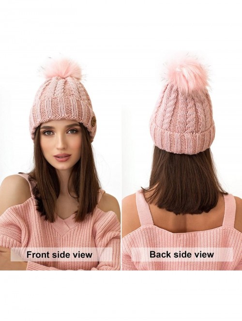 Skullies & Beanies Knit Hat for Women - Pom Cable Winter Warm Fleece Beanie - Wool Snow Cuff Outdoor Ski Cap - Pink - CY18G26...