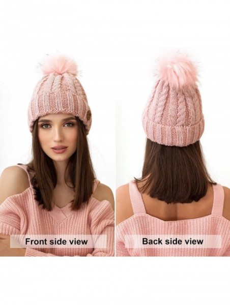 Skullies & Beanies Knit Hat for Women - Pom Cable Winter Warm Fleece Beanie - Wool Snow Cuff Outdoor Ski Cap - Pink - CY18G26...