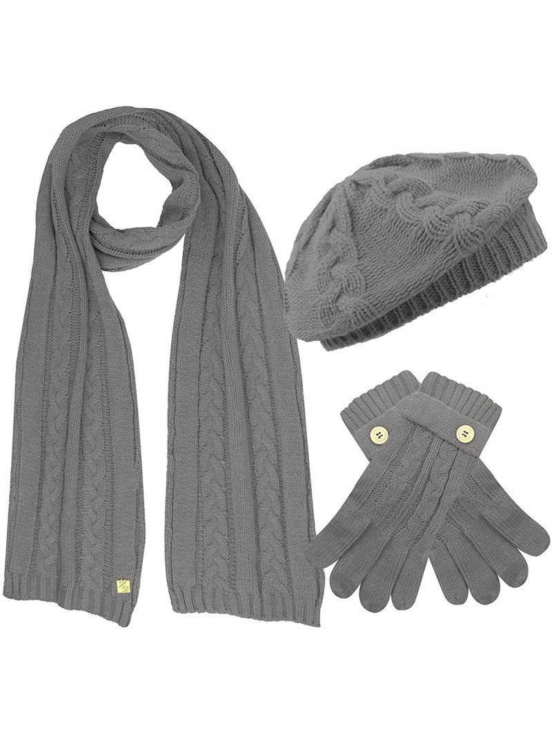 Skullies & Beanies Cable Knit Beret Hat Scarf & Glove Matching 3 Piece Set Set - Gray - CE1153MS5OP $32.31