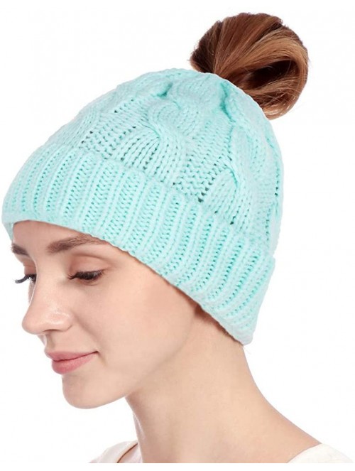 Skullies & Beanies Fashion Women Ponytail Beanie Hat- Solid Crochet Keep Warm Winter Wool Knitted Horsetail Cap Hat - Sky Blu...