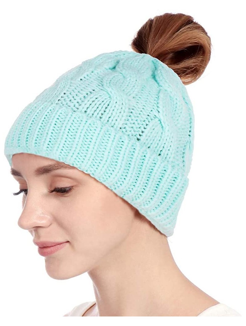 Skullies & Beanies Fashion Women Ponytail Beanie Hat- Solid Crochet Keep Warm Winter Wool Knitted Horsetail Cap Hat - Sky Blu...