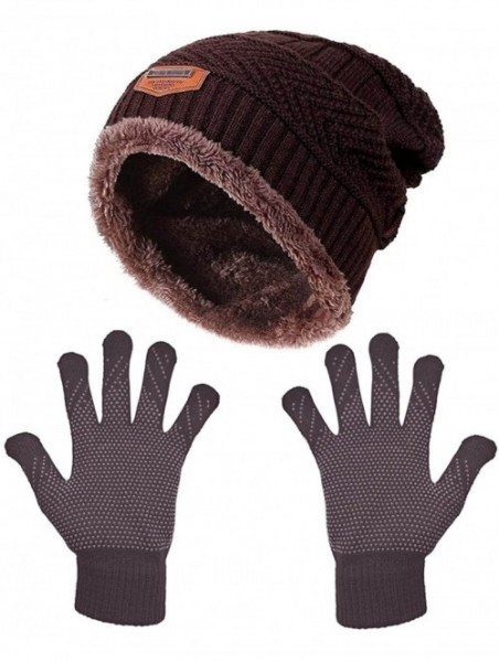 Skullies & Beanies Womens Slouchy Beanie Gloves Set Skull Cap Touch Screen Mittens Winter Hat - Hat+ Gloves (Brown) - CD189WC...