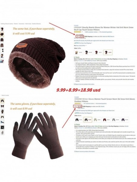 Skullies & Beanies Womens Slouchy Beanie Gloves Set Skull Cap Touch Screen Mittens Winter Hat - Hat+ Gloves (Brown) - CD189WC...