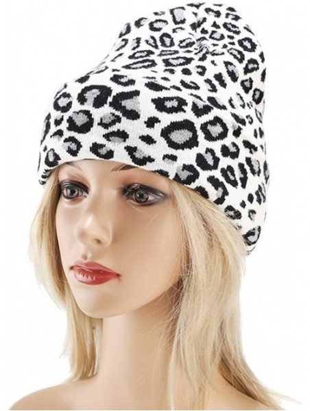 Skullies & Beanies Leopard Print Beanie Hat Trendy Animal Pattern Skull Cap 2 Layers Cuffed Hats Winter Thick Knitted Watch C...