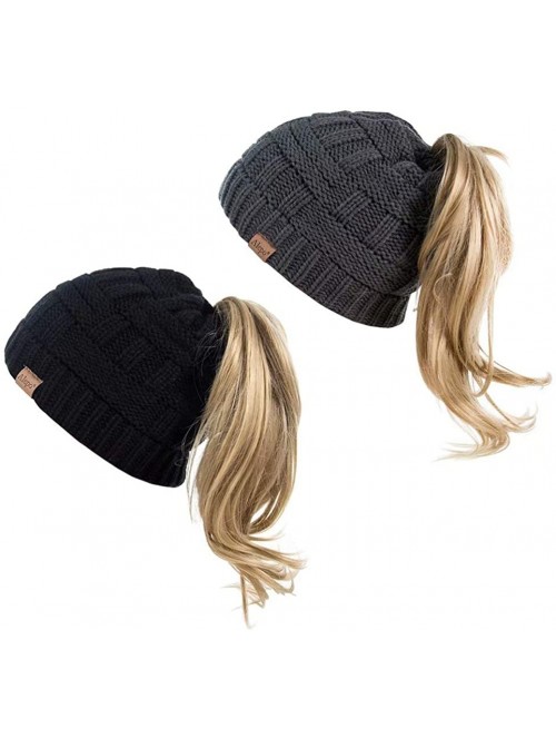 Skullies & Beanies Womens High Messy Bun Beanie Hat with Ponytail Hole- Winter Warm Trendy Knit Ski Skull Cap - Black&dark Gr...