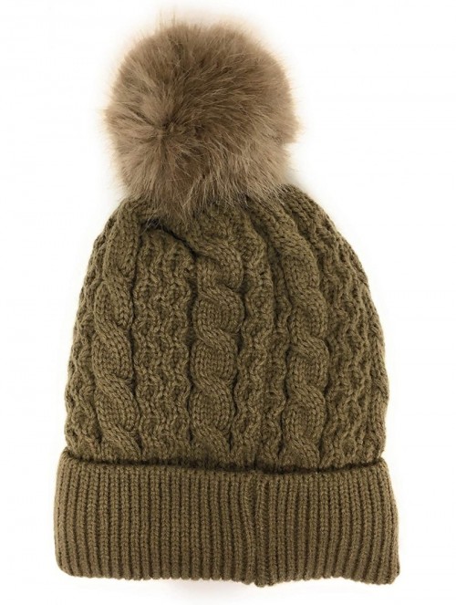 Skullies & Beanies Trendy Chunky Soft Stretch Cable Knit Beanie Hat with Warm Fleece Lining & Pom Pom - Brown - CY18KQAIN3U $...