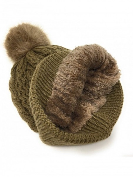 Skullies & Beanies Trendy Chunky Soft Stretch Cable Knit Beanie Hat with Warm Fleece Lining & Pom Pom - Brown - CY18KQAIN3U $...