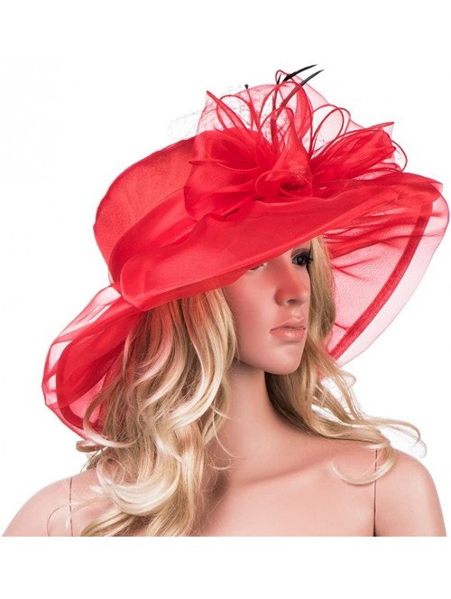 Sun Hats Womens Kentucky Derby Wide Brim Sun Dress Church Wedding Hat A342 - Red - CJ12EZ1FUND $26.20