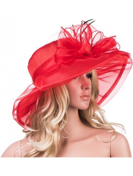 Sun Hats Womens Kentucky Derby Wide Brim Sun Dress Church Wedding Hat A342 - Red - CJ12EZ1FUND $26.20