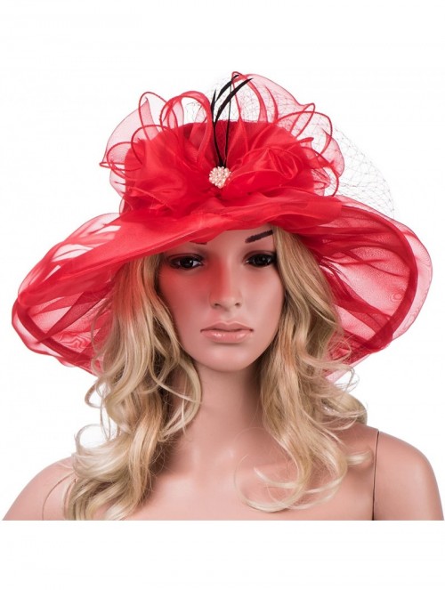 Sun Hats Womens Kentucky Derby Wide Brim Sun Dress Church Wedding Hat A342 - Red - CJ12EZ1FUND $26.20