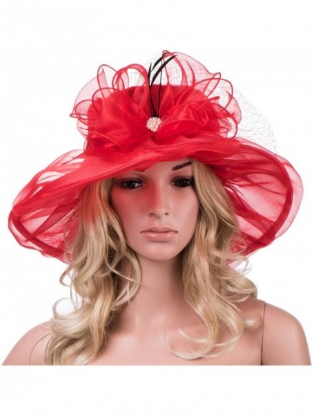 Sun Hats Womens Kentucky Derby Wide Brim Sun Dress Church Wedding Hat A342 - Red - CJ12EZ1FUND $26.20