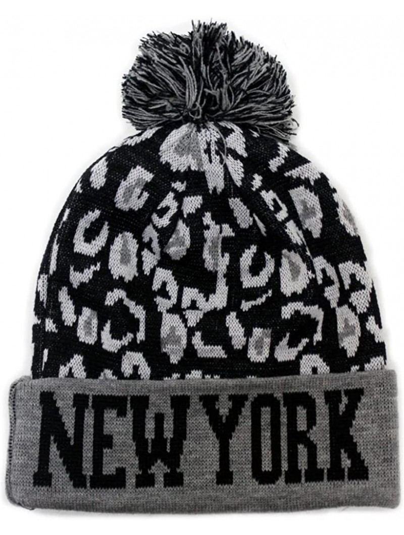 Skullies & Beanies Sk950 Leopard College Pom Beanie Hat - New York - Grey/Black - C911J5Z4JFP $14.32