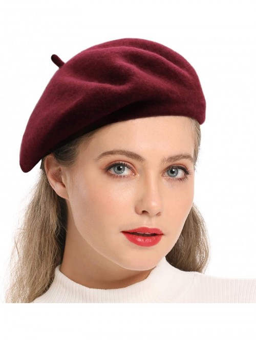Berets Wool Beret Hat-Solid Color French Style Winter Warm Cap for Women Girls Lady - Burgundy - C218C8CCNCD $14.51