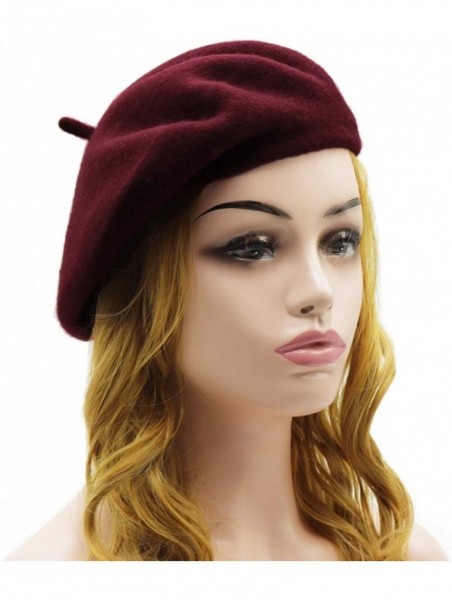 Berets Wool Beret Hat-Solid Color French Style Winter Warm Cap for Women Girls Lady - Burgundy - C218C8CCNCD $14.51