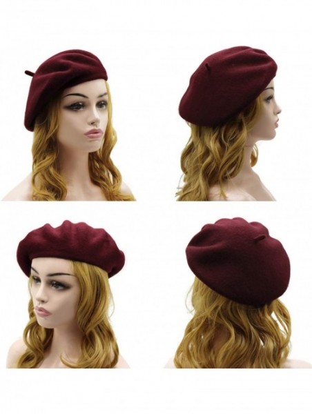 Berets Wool Beret Hat-Solid Color French Style Winter Warm Cap for Women Girls Lady - Burgundy - C218C8CCNCD $14.51