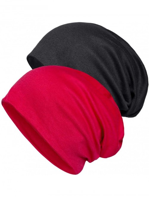 Skullies & Beanies 2 Pack Cotton Slouchy Beanie Hats- Chemo Headwear Caps for Women and Men - Black/Red - CT184OZ6SI3 $24.62