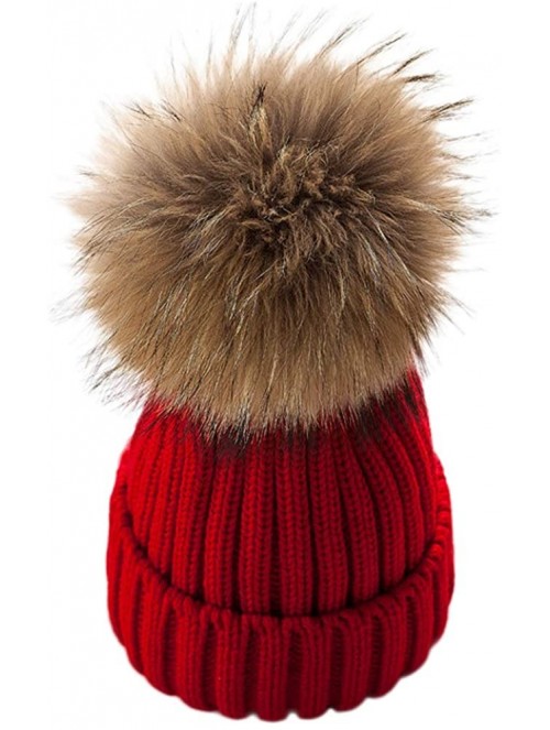 Skullies & Beanies Winter Knit Hat Kids Real Fur Pom Pom Warm Beanie Hat - Red (Real Raccoon Fur) - CL18Y20R475 $27.82