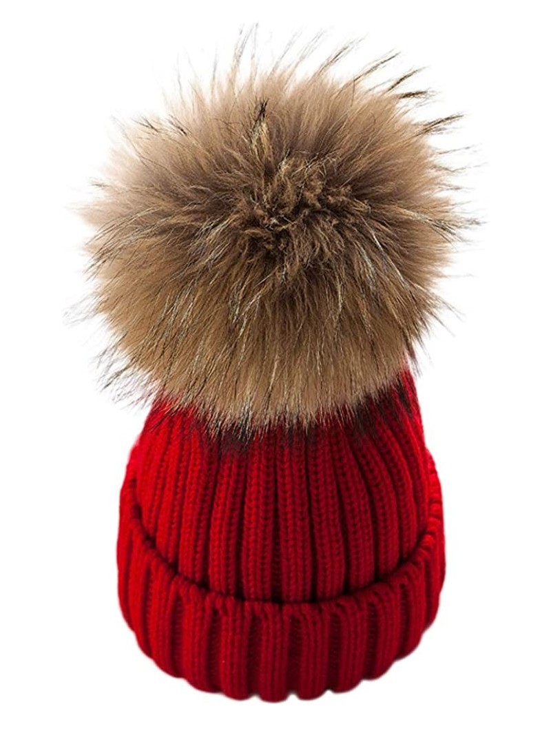 Skullies & Beanies Winter Knit Hat Kids Real Fur Pom Pom Warm Beanie Hat - Red (Real Raccoon Fur) - CL18Y20R475 $27.82