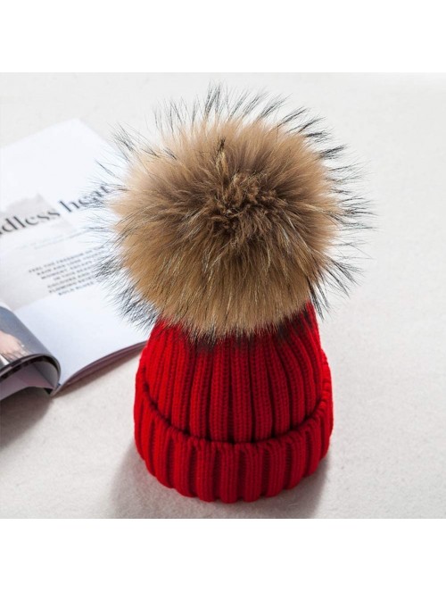 Skullies & Beanies Winter Knit Hat Kids Real Fur Pom Pom Warm Beanie Hat - Red (Real Raccoon Fur) - CL18Y20R475 $27.82