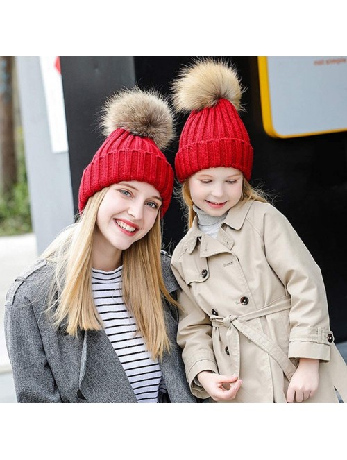 Skullies & Beanies Winter Knit Hat Kids Real Fur Pom Pom Warm Beanie Hat - Red (Real Raccoon Fur) - CL18Y20R475 $27.82