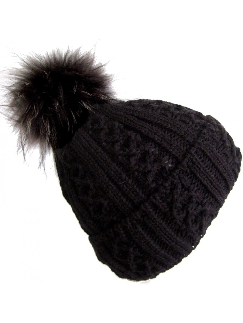 Skullies & Beanies Winter Women Asian Raccoon Pom Beanie Hat M-2013-340RN - Black - C111KBGFRUD $50.78