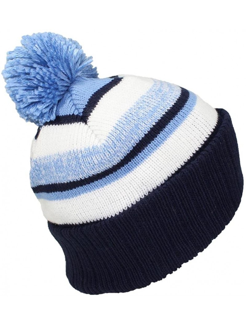 Skullies & Beanies Quality Striped Variegated Cuffed Beanie W/Pom (L/XL) - Navy/Light Blue/White - C8186RN27XU $12.73