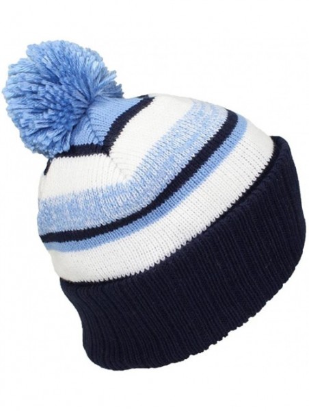 Skullies & Beanies Quality Striped Variegated Cuffed Beanie W/Pom (L/XL) - Navy/Light Blue/White - C8186RN27XU $12.73