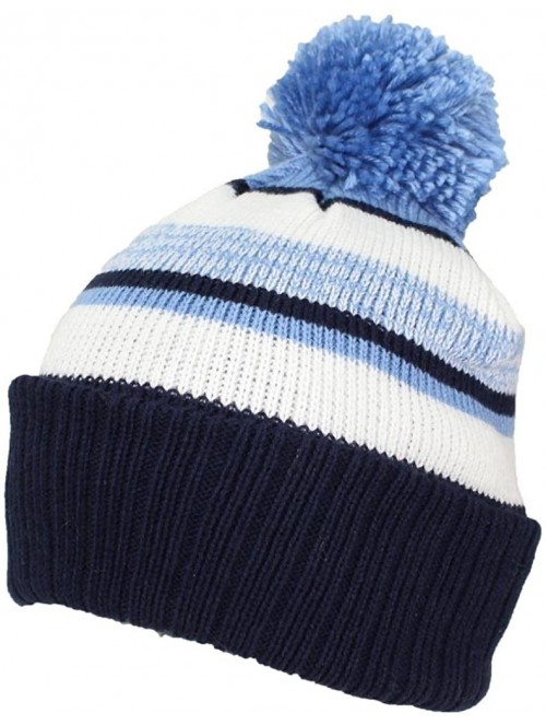 Skullies & Beanies Quality Striped Variegated Cuffed Beanie W/Pom (L/XL) - Navy/Light Blue/White - C8186RN27XU $12.73