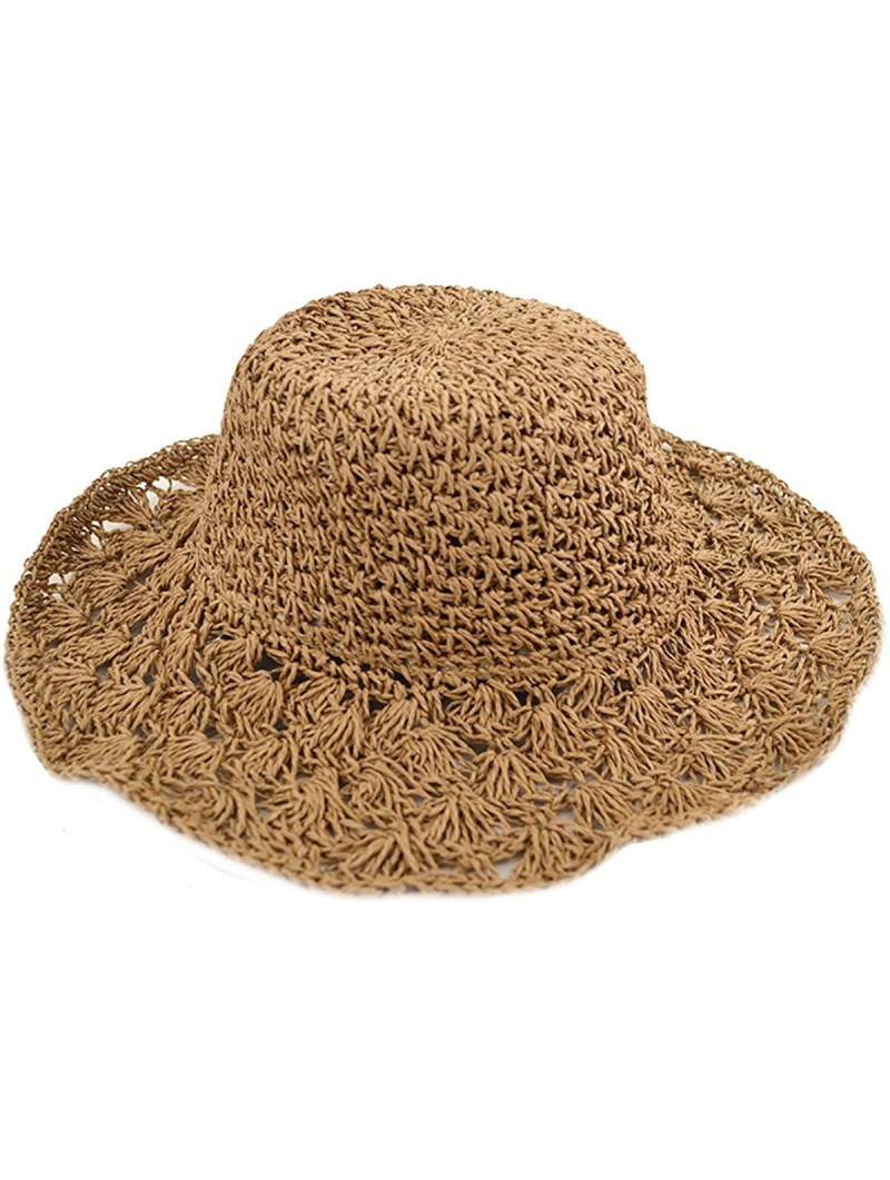 Sun Hats Women Floppy Crocheted Straw Hat Women Wide Large Brim Roll-up Sun Hat - Khaki - CW180GH53I5 $23.90