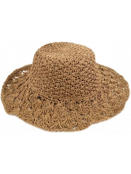 Sun Hats Women Floppy Crocheted Straw Hat Women Wide Large Brim Roll-up Sun Hat - Khaki - CW180GH53I5 $23.90