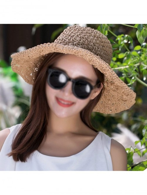 Sun Hats Women Floppy Crocheted Straw Hat Women Wide Large Brim Roll-up Sun Hat - Khaki - CW180GH53I5 $23.90