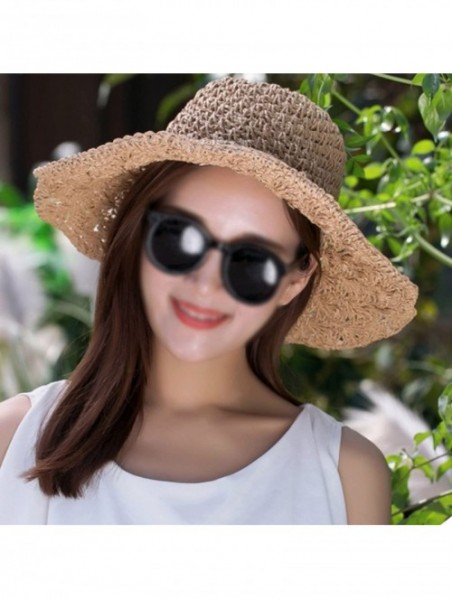 Sun Hats Women Floppy Crocheted Straw Hat Women Wide Large Brim Roll-up Sun Hat - Khaki - CW180GH53I5 $23.90