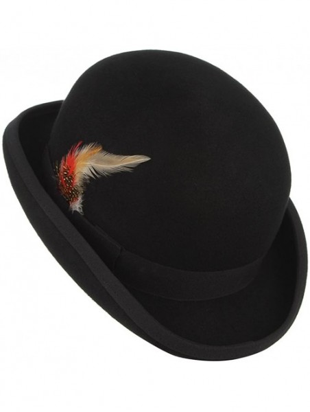 Fedoras Men's Wool Derby Bowler Hat Satin Lined Roll Short Brim Fedora Hat Gentleman Hat with Feather - Black 2 - CI18ADR273W...