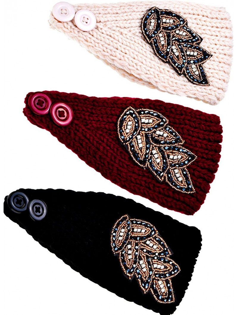 Cold Weather Headbands 3 Pieces Knitted Headband Beaded Flapper Headband Vintage Leaf Design Crochet Headband for Women Girls...