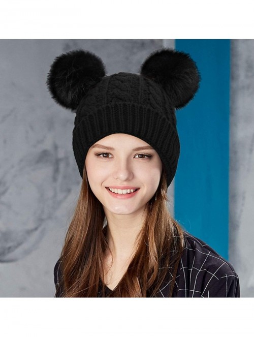 Skullies & Beanies Women Winter Cable Knit Fleece Lined Warm Pom Pom Beanie Hat - Black Black Ball_twist - CG18THXDQUW $18.96