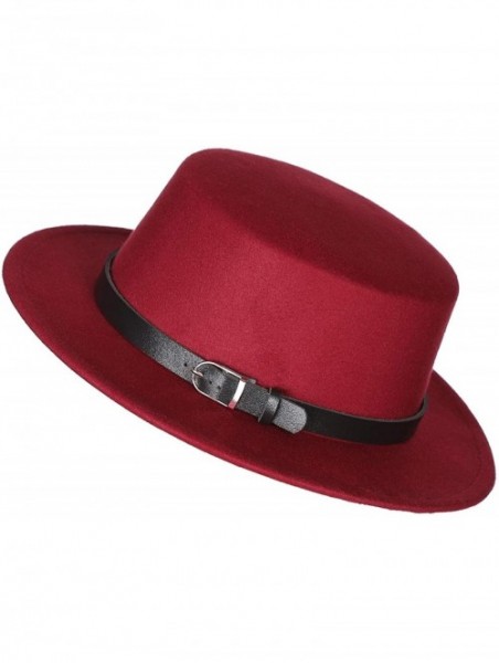 Fedoras Women's Brim Fedora Wool Flat Top Hat Church Derby Belt Cap - Wine Red - CK18L0U0738 $14.76