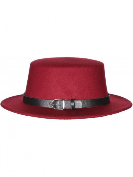 Fedoras Women's Brim Fedora Wool Flat Top Hat Church Derby Belt Cap - Wine Red - CK18L0U0738 $14.76