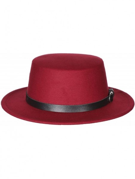 Fedoras Women's Brim Fedora Wool Flat Top Hat Church Derby Belt Cap - Wine Red - CK18L0U0738 $14.76