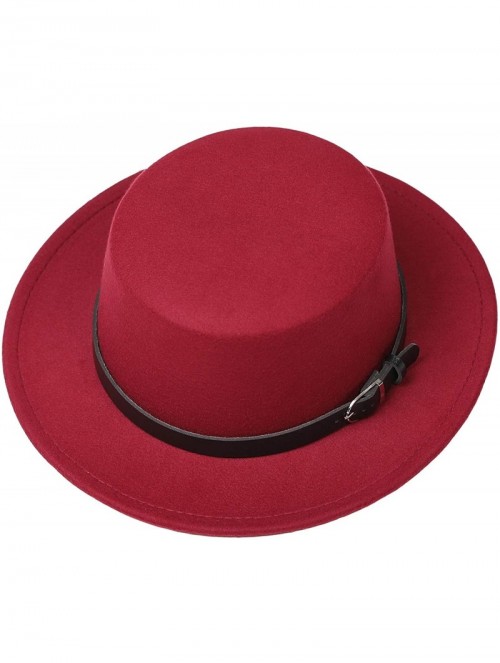 Fedoras Women's Brim Fedora Wool Flat Top Hat Church Derby Belt Cap - Wine Red - CK18L0U0738 $14.76