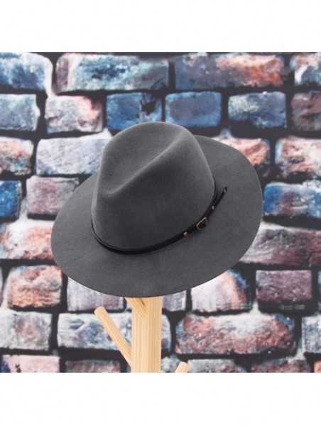 Fedoras Unisex Wool Fedora Hats Men Women Wide Brim Trilby Panama Hat with Belt Buckle - Grey - C5193URROD3 $30.80