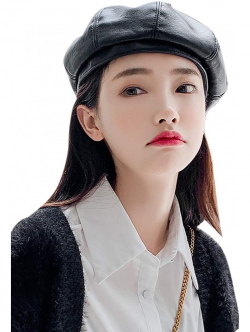 Berets Women PU Beret Hat Casual Winter Fall French Style Solid Color Artist Hats - Black - CX18IWGULRQ $13.94