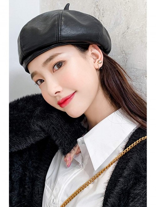 Berets Women PU Beret Hat Casual Winter Fall French Style Solid Color Artist Hats - Black - CX18IWGULRQ $13.94