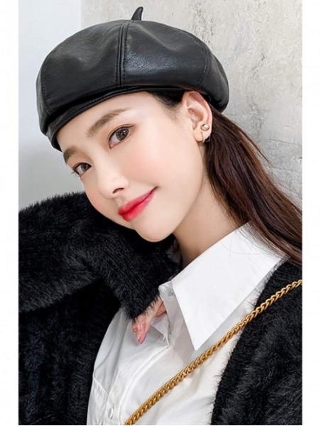 Berets Women PU Beret Hat Casual Winter Fall French Style Solid Color Artist Hats - Black - CX18IWGULRQ $13.94